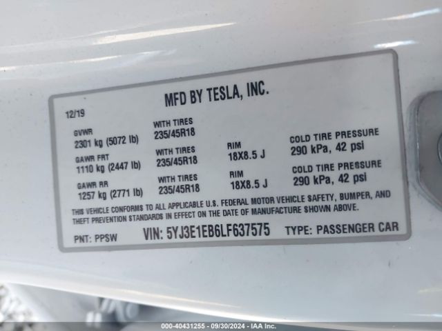 Photo 8 VIN: 5YJ3E1EB6LF637575 - TESLA MODEL 3 