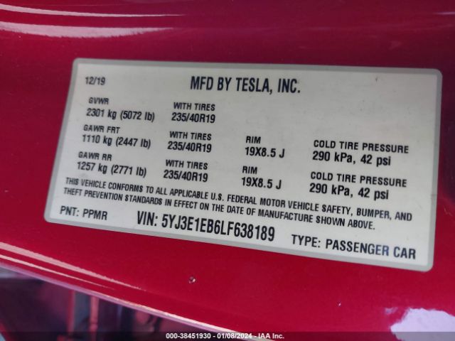 Photo 8 VIN: 5YJ3E1EB6LF638189 - TESLA MODEL 3 