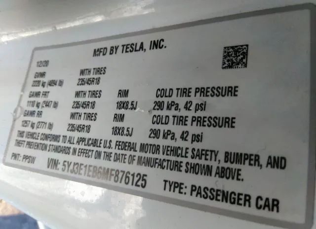 Photo 8 VIN: 5YJ3E1EB6MF876125 - TESLA MODEL 3 