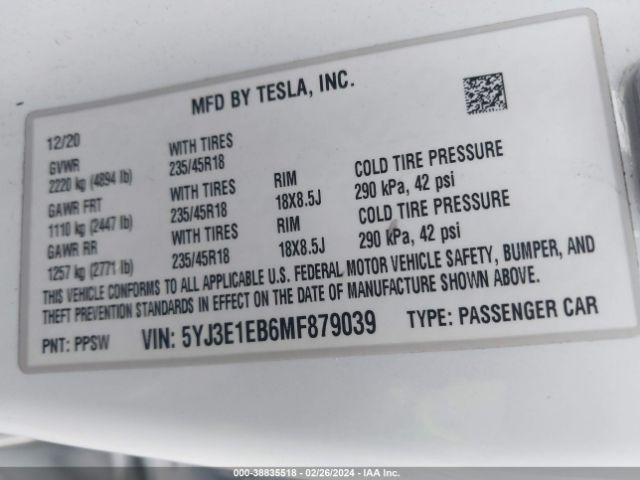 Photo 8 VIN: 5YJ3E1EB6MF879039 - TESLA MODEL 3 