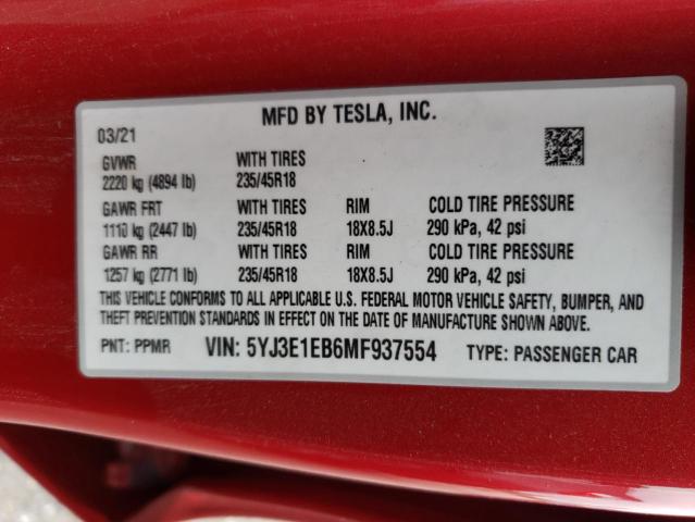 Photo 11 VIN: 5YJ3E1EB6MF937554 - TESLA MODEL 3 