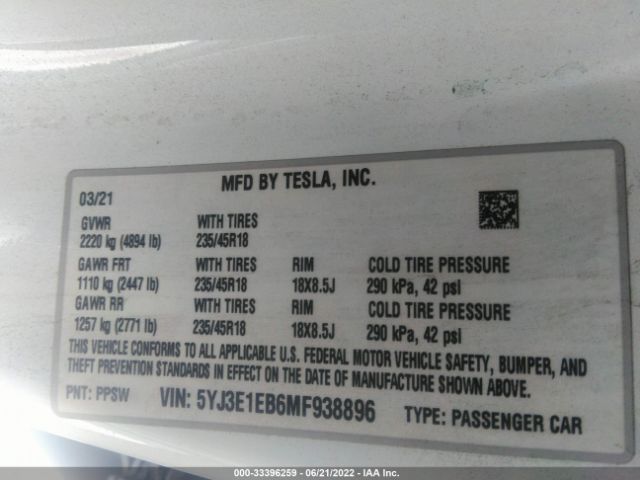 Photo 8 VIN: 5YJ3E1EB6MF938896 - TESLA MODEL 3 