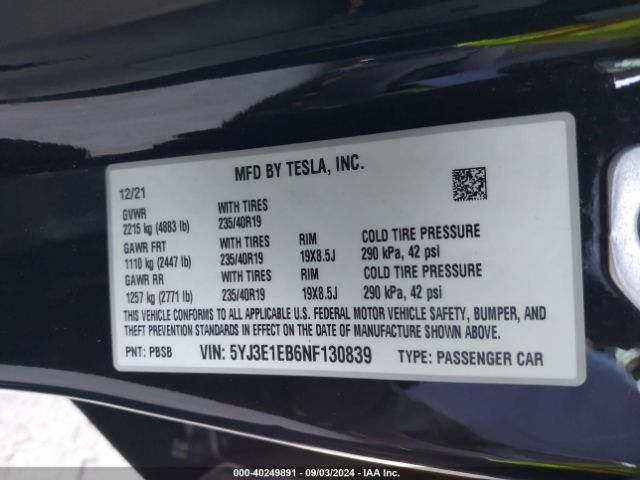 Photo 8 VIN: 5YJ3E1EB6NF130839 - TESLA MODEL 3 