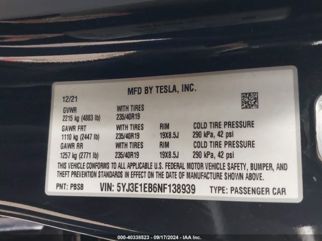 Photo 8 VIN: 5YJ3E1EB6NF138939 - TESLA MODEL 3 