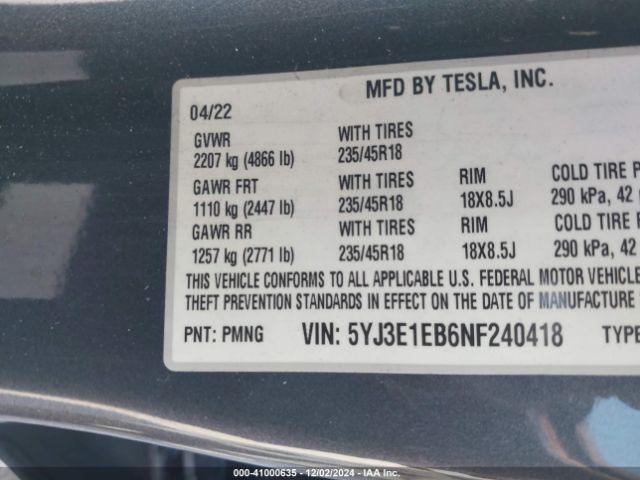 Photo 8 VIN: 5YJ3E1EB6NF240418 - TESLA MODEL 3 