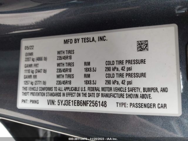 Photo 8 VIN: 5YJ3E1EB6NF256148 - TESLA MODEL 3 