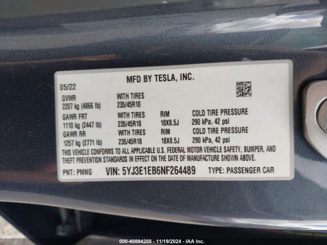 Photo 8 VIN: 5YJ3E1EB6NF264489 - TESLA MODEL 3 