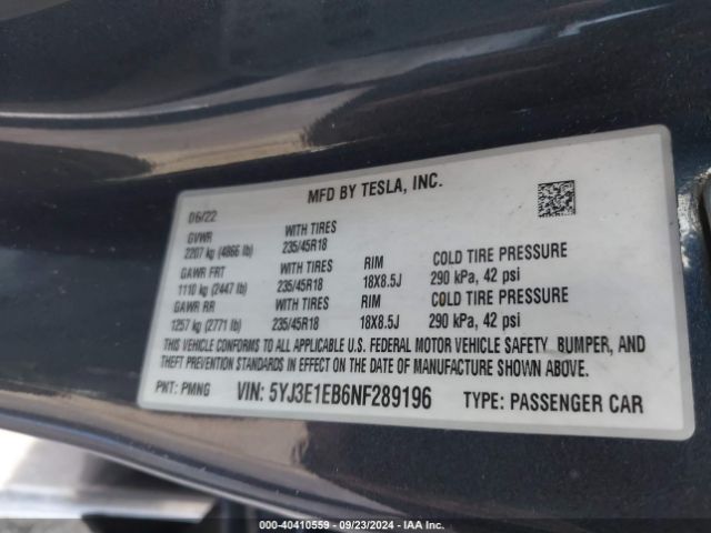 Photo 8 VIN: 5YJ3E1EB6NF289196 - TESLA MODEL 3 