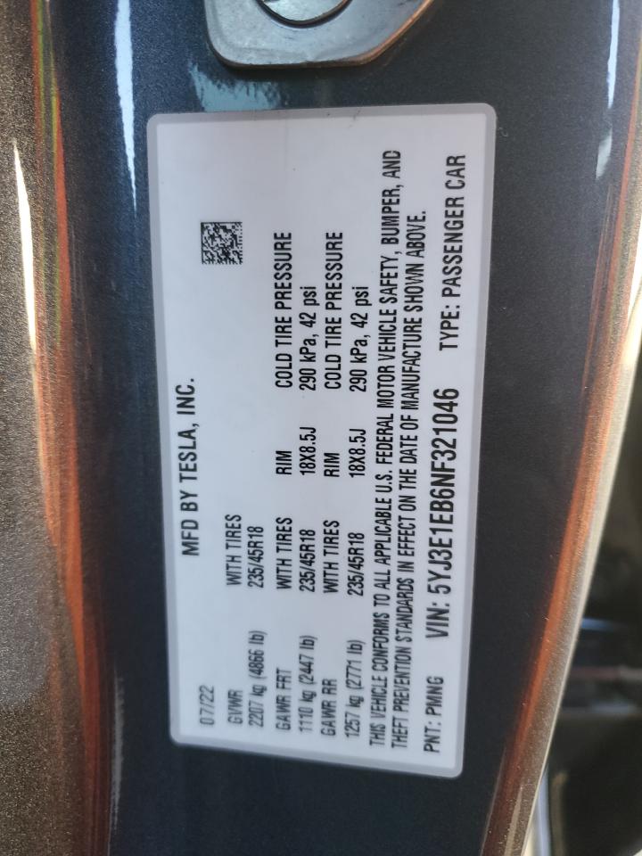 Photo 11 VIN: 5YJ3E1EB6NF321046 - TESLA MODEL 3 