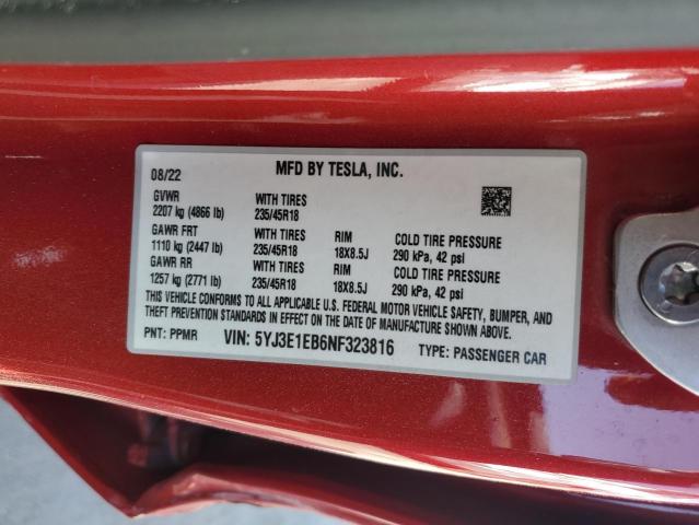 Photo 12 VIN: 5YJ3E1EB6NF323816 - TESLA MODEL 3 