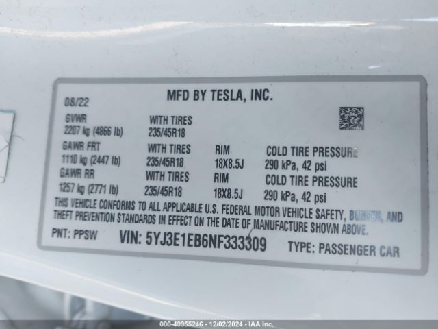 Photo 8 VIN: 5YJ3E1EB6NF333309 - TESLA MODEL 3 