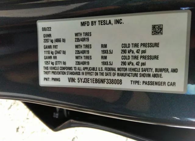 Photo 8 VIN: 5YJ3E1EB6NF338008 - TESLA MODEL 3 