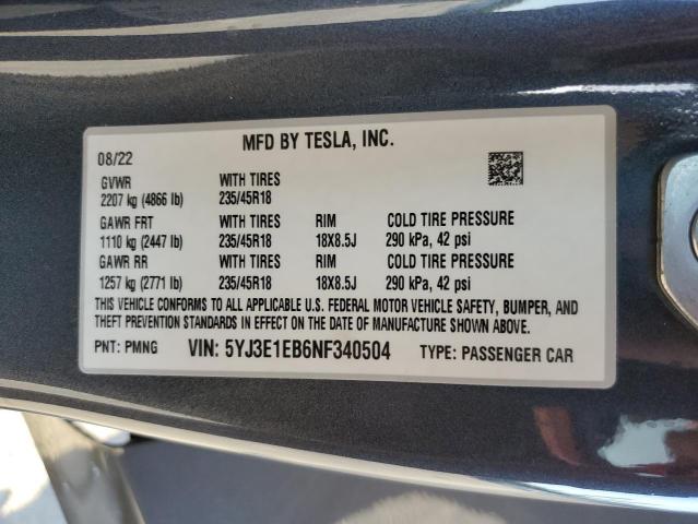 Photo 12 VIN: 5YJ3E1EB6NF340504 - TESLA MODEL 3 