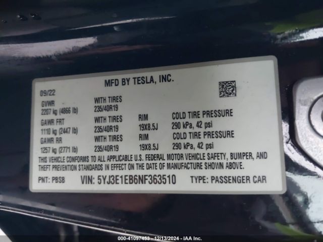 Photo 8 VIN: 5YJ3E1EB6NF363510 - TESLA MODEL 3 