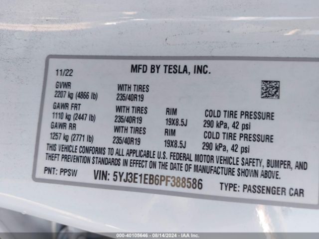 Photo 8 VIN: 5YJ3E1EB6PF388586 - TESLA MODEL 3 