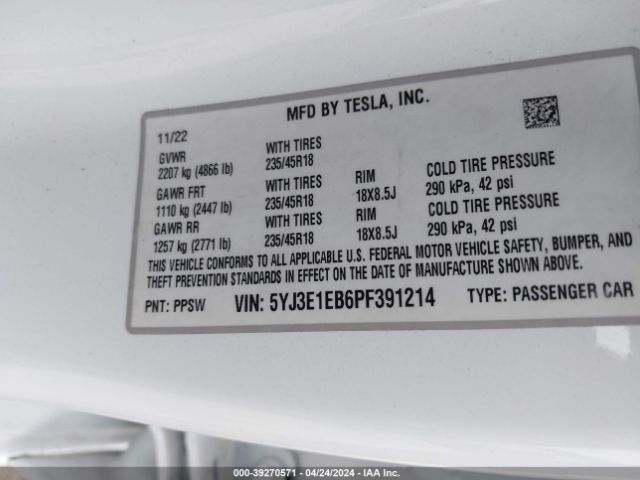 Photo 8 VIN: 5YJ3E1EB6PF391214 - TESLA MODEL 3 