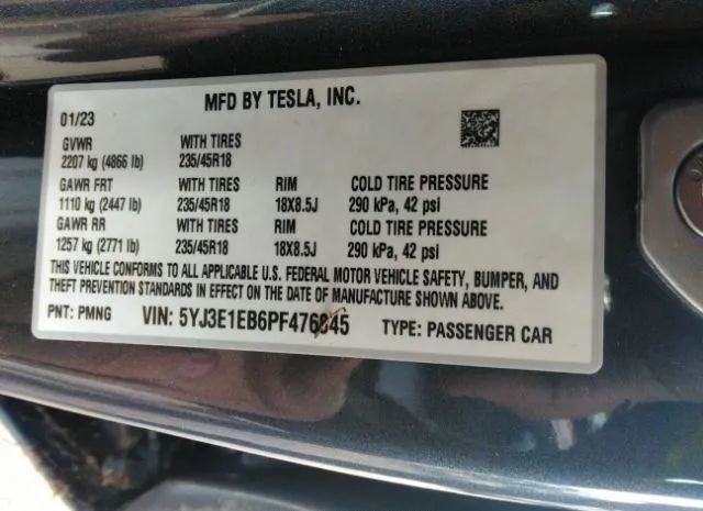 Photo 8 VIN: 5YJ3E1EB6PF476845 - TESLA MODEL 3 