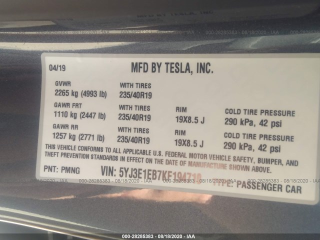 Photo 8 VIN: 5YJ3E1EB7KF194710 - TESLA MODEL 3 