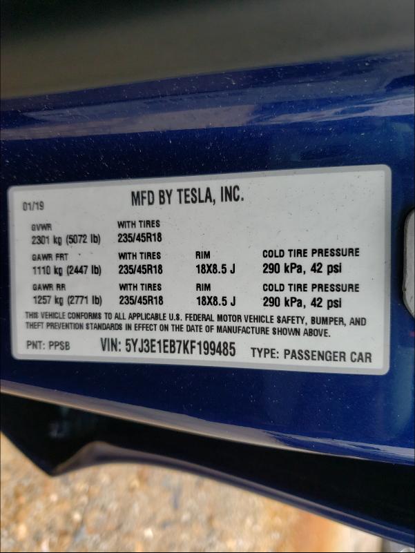 Photo 9 VIN: 5YJ3E1EB7KF199485 - TESLA MODEL 3 