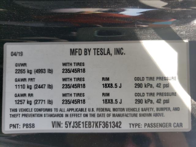 Photo 9 VIN: 5YJ3E1EB7KF361342 - TESLA MODEL 3 