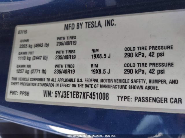 Photo 8 VIN: 5YJ3E1EB7KF451008 - TESLA MODEL 3 