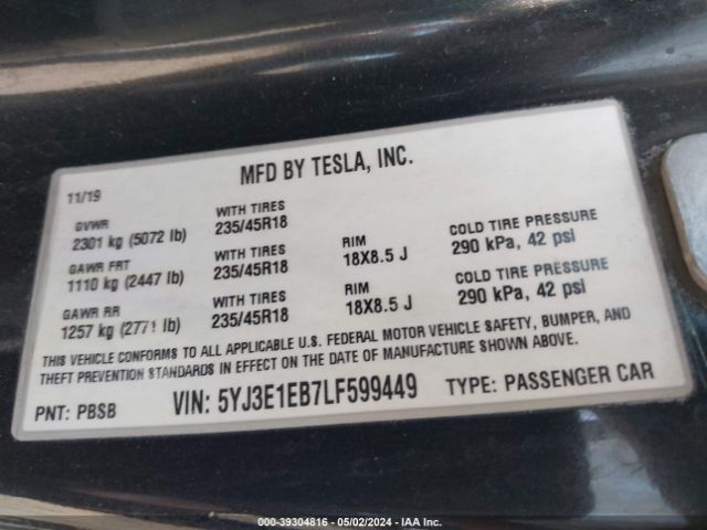 Photo 8 VIN: 5YJ3E1EB7LF599449 - TESLA MODEL 3 