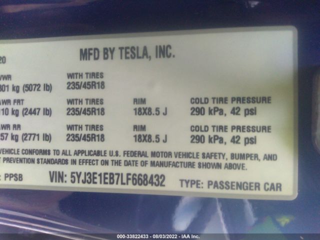 Photo 8 VIN: 5YJ3E1EB7LF668432 - TESLA MODEL 3 