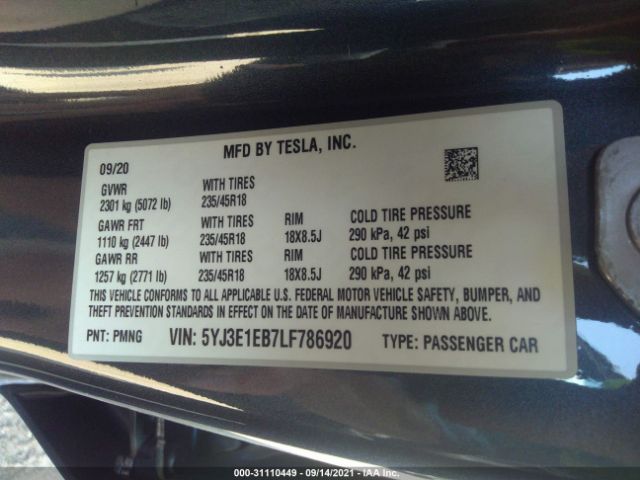 Photo 8 VIN: 5YJ3E1EB7LF786920 - TESLA MODEL 3 