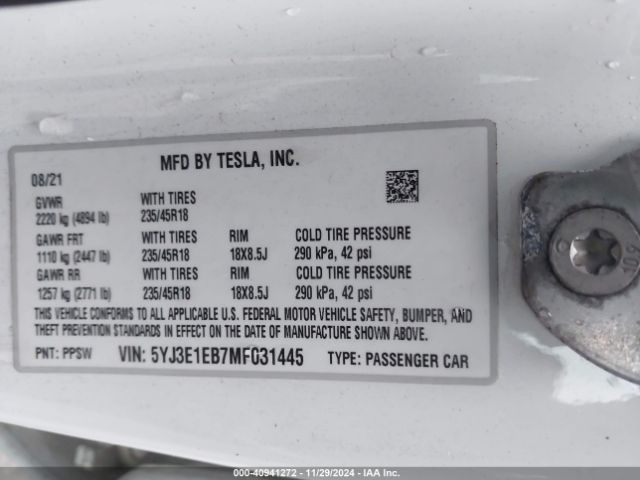 Photo 8 VIN: 5YJ3E1EB7MF031445 - TESLA MODEL 3 