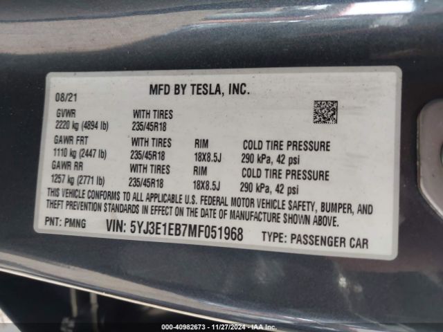 Photo 8 VIN: 5YJ3E1EB7MF051968 - TESLA MODEL 3 