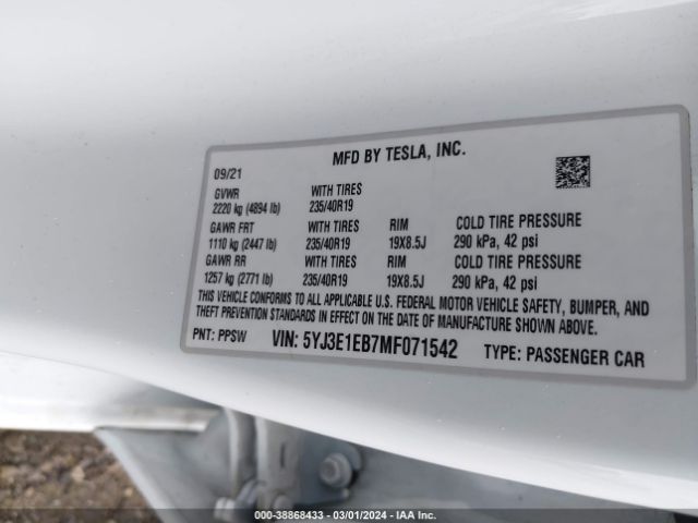 Photo 8 VIN: 5YJ3E1EB7MF071542 - TESLA MODEL 3 