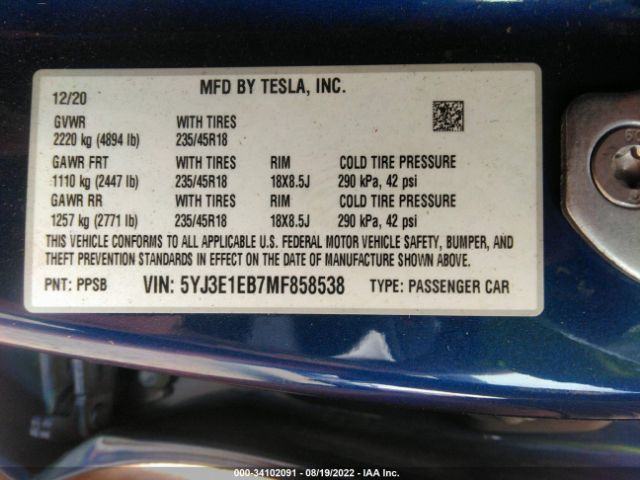 Photo 8 VIN: 5YJ3E1EB7MF858538 - TESLA MODEL 3 