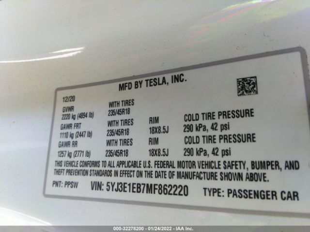 Photo 8 VIN: 5YJ3E1EB7MF862220 - TESLA MODEL 3 