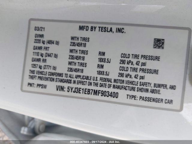 Photo 8 VIN: 5YJ3E1EB7MF903400 - TESLA MODEL 3 