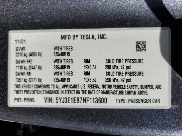 Photo 12 VIN: 5YJ3E1EB7NF113600 - TESLA MODEL 3 