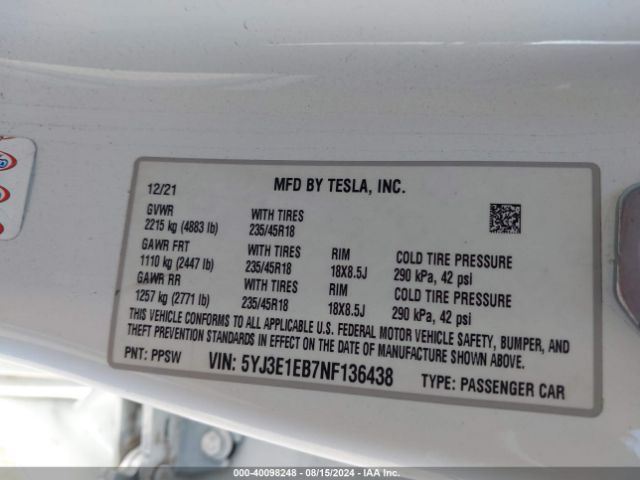 Photo 8 VIN: 5YJ3E1EB7NF136438 - TESLA MODEL 3 