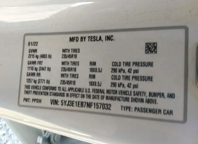 Photo 8 VIN: 5YJ3E1EB7NF157032 - TESLA MODEL 3 