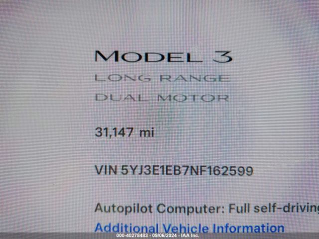 Photo 6 VIN: 5YJ3E1EB7NF162599 - TESLA MODEL 3 