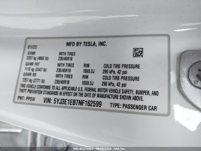 Photo 8 VIN: 5YJ3E1EB7NF162599 - TESLA MODEL 3 