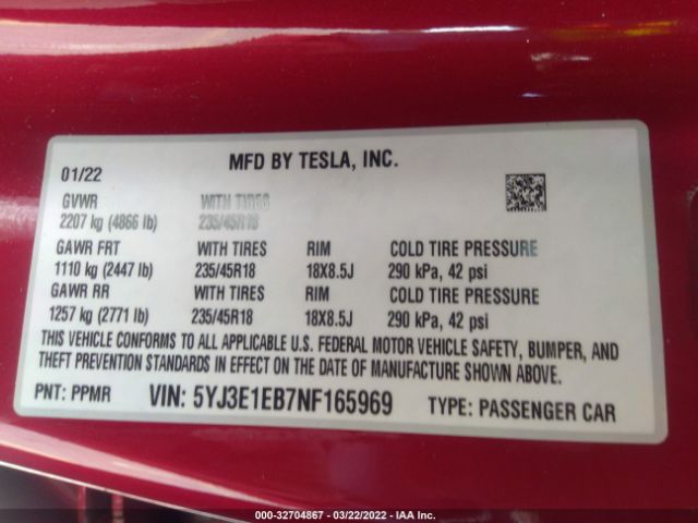 Photo 8 VIN: 5YJ3E1EB7NF165969 - TESLA MODEL 3 