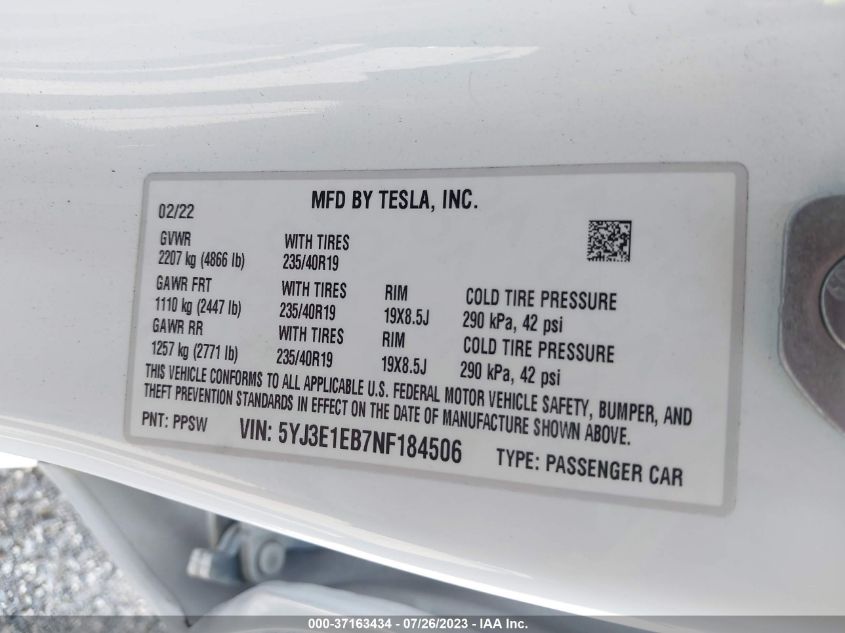 Photo 8 VIN: 5YJ3E1EB7NF184506 - TESLA MODEL 3 