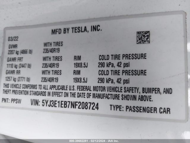 Photo 8 VIN: 5YJ3E1EB7NF208724 - TESLA MODEL 3 