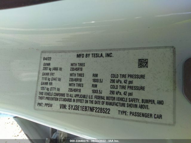 Photo 8 VIN: 5YJ3E1EB7NF228522 - TESLA MODEL 3 