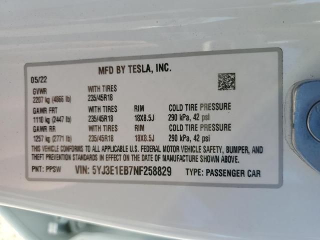 Photo 11 VIN: 5YJ3E1EB7NF258829 - TESLA MODEL 3 