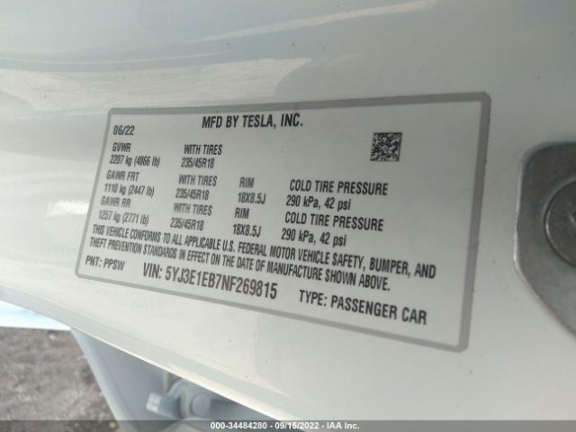 Photo 8 VIN: 5YJ3E1EB7NF269815 - TESLA MODEL 3 