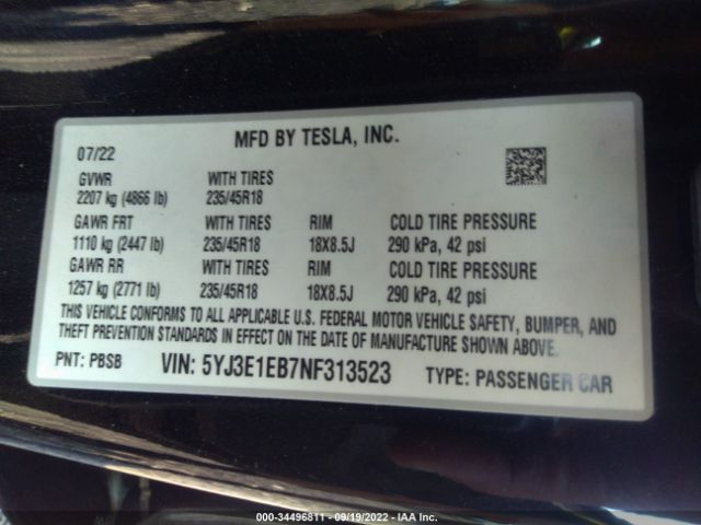 Photo 8 VIN: 5YJ3E1EB7NF313523 - TESLA MODEL 3 