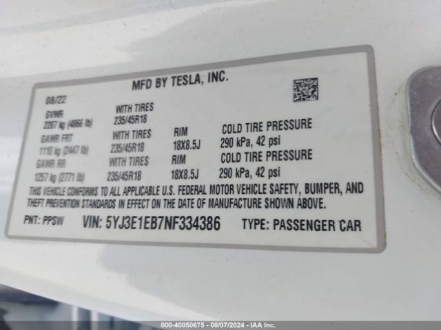 Photo 8 VIN: 5YJ3E1EB7NF334386 - TESLA MODEL 3 