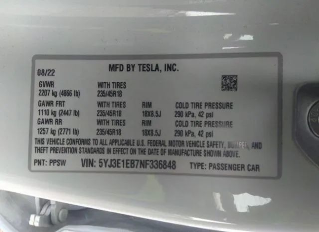 Photo 8 VIN: 5YJ3E1EB7NF336848 - TESLA MODEL 3 