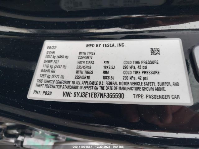 Photo 8 VIN: 5YJ3E1EB7NF365590 - TESLA MODEL 3 