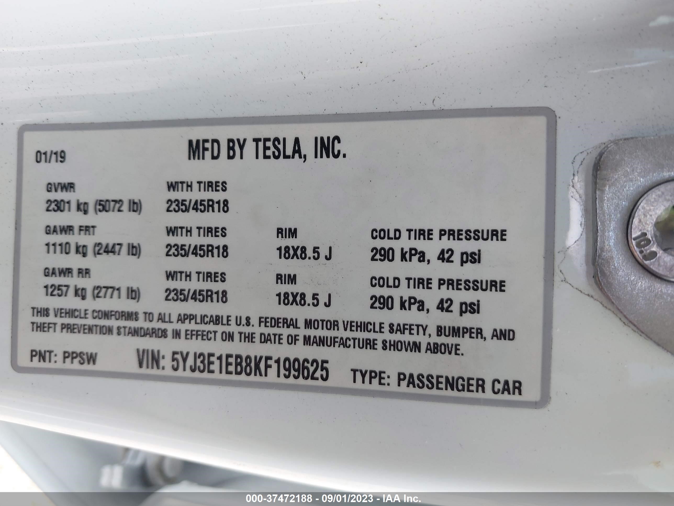 Photo 8 VIN: 5YJ3E1EB8KF199625 - TESLA MODEL 3 